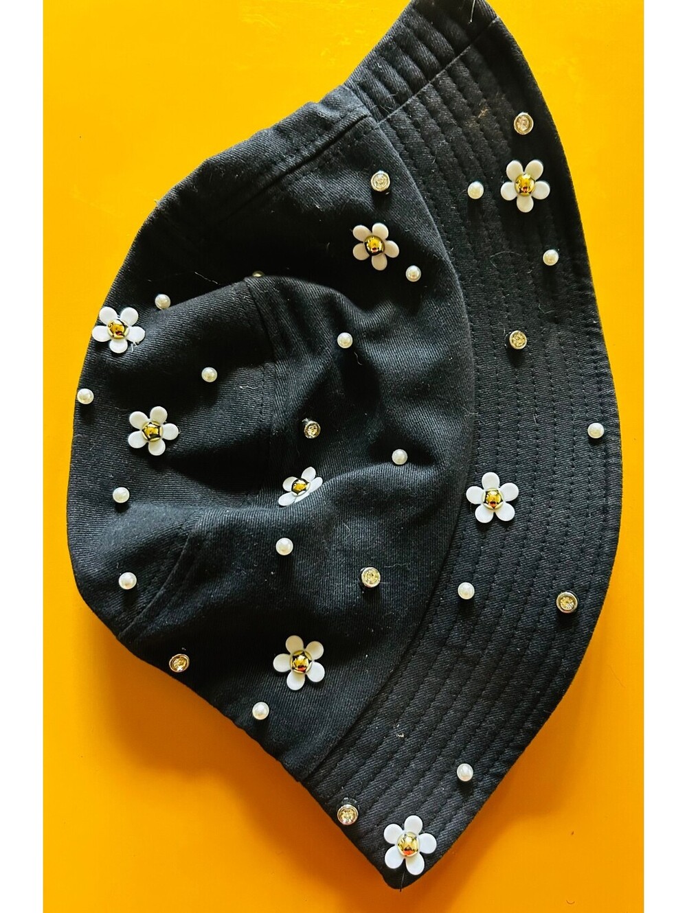 Boho Floral Embellished Bucket Hat Black Cotton Daisy Pearl Rhinestone Studs